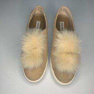 Steve Madden Poof Faux Fur Tan Platform Slip-On Loafers Shoes Suede-Like - Sz 9